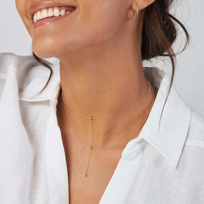 14K Yellow Gold Two - Stranded Connecting Bead Dangle Necklace (Hollow) 14" - 17" Adjustable - WJD Exclusives