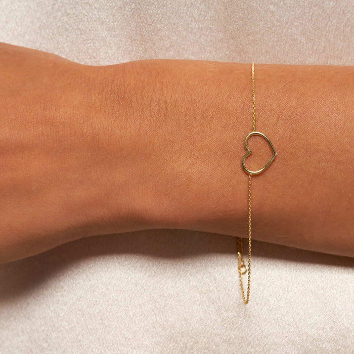 14K Yellow White Rose Gold 0.8mm Cable Open Heart Charm Bracelet (Solid Links) 7.5" - WJD Exclusives
