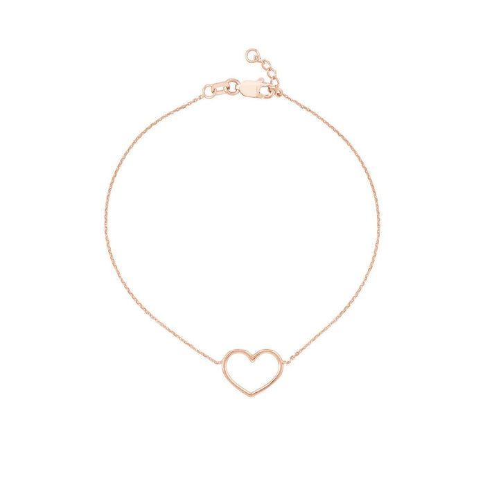 14K Yellow White Rose Gold 0.8mm Cable Open Heart Charm Bracelet (Solid Links) 7.5" - WJD Exclusives