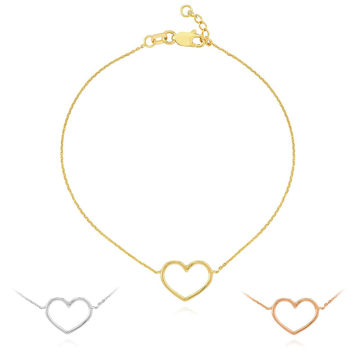 14K Yellow White Rose Gold 0.8mm Cable Open Heart Charm Bracelet (Solid Links) 7.5" - WJD Exclusives