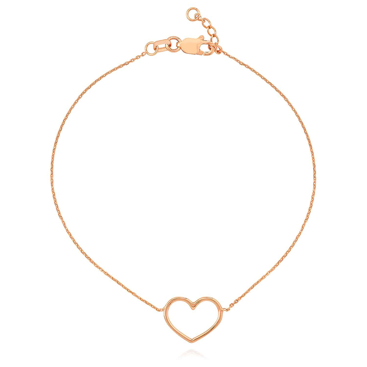 14K Yellow White Rose Gold 0.8mm Cable Open Heart Charm Bracelet (Solid Links) 7.5" - WJD Exclusives