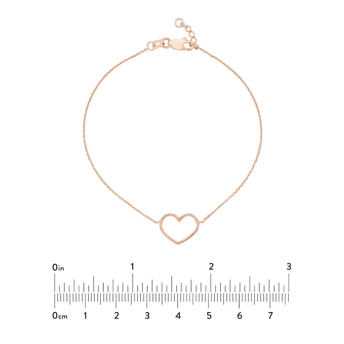 14K Yellow White Rose Gold 0.8mm Cable Open Heart Charm Bracelet (Solid Links) 7.5" - WJD Exclusives