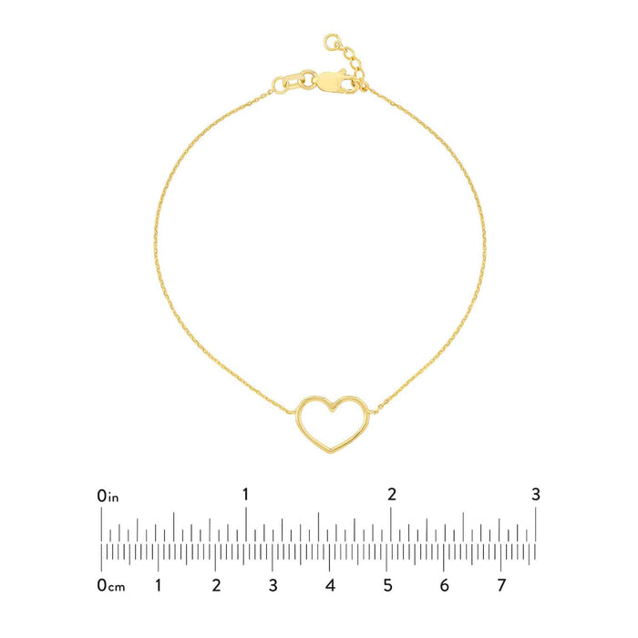 14K Yellow White Rose Gold 0.8mm Cable Open Heart Charm Bracelet (Solid Links) 7.5" - WJD Exclusives