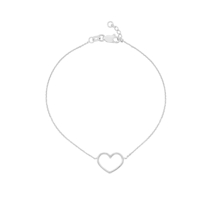 14K Yellow White Rose Gold 0.8mm Cable Open Heart Charm Bracelet (Solid Links) 7.5" - WJD Exclusives