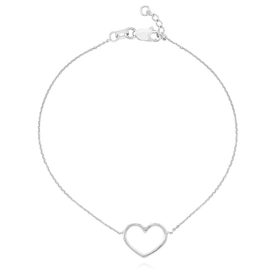 14K Yellow White Rose Gold 0.8mm Cable Open Heart Charm Bracelet (Solid Links) 7.5" - WJD Exclusives