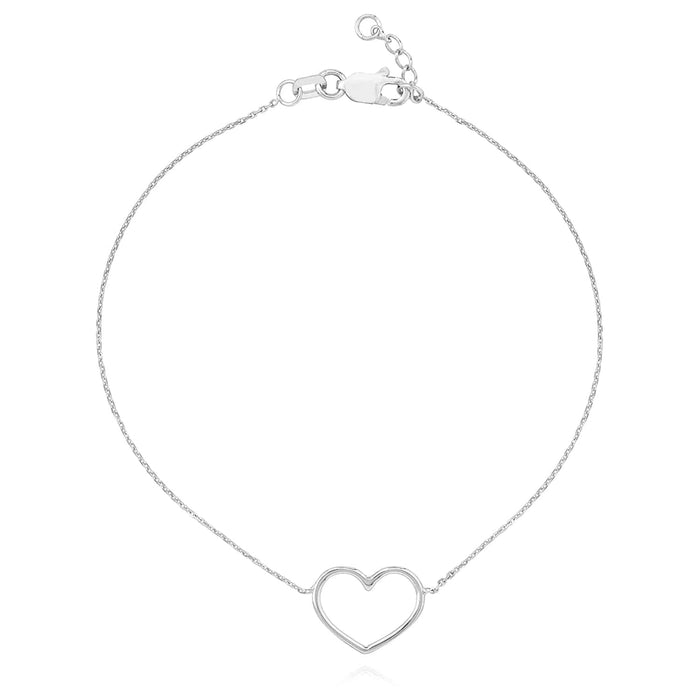 14K Yellow White Rose Gold 0.8mm Cable Open Heart Charm Bracelet (Solid Links) 7.5" - WJD Exclusives
