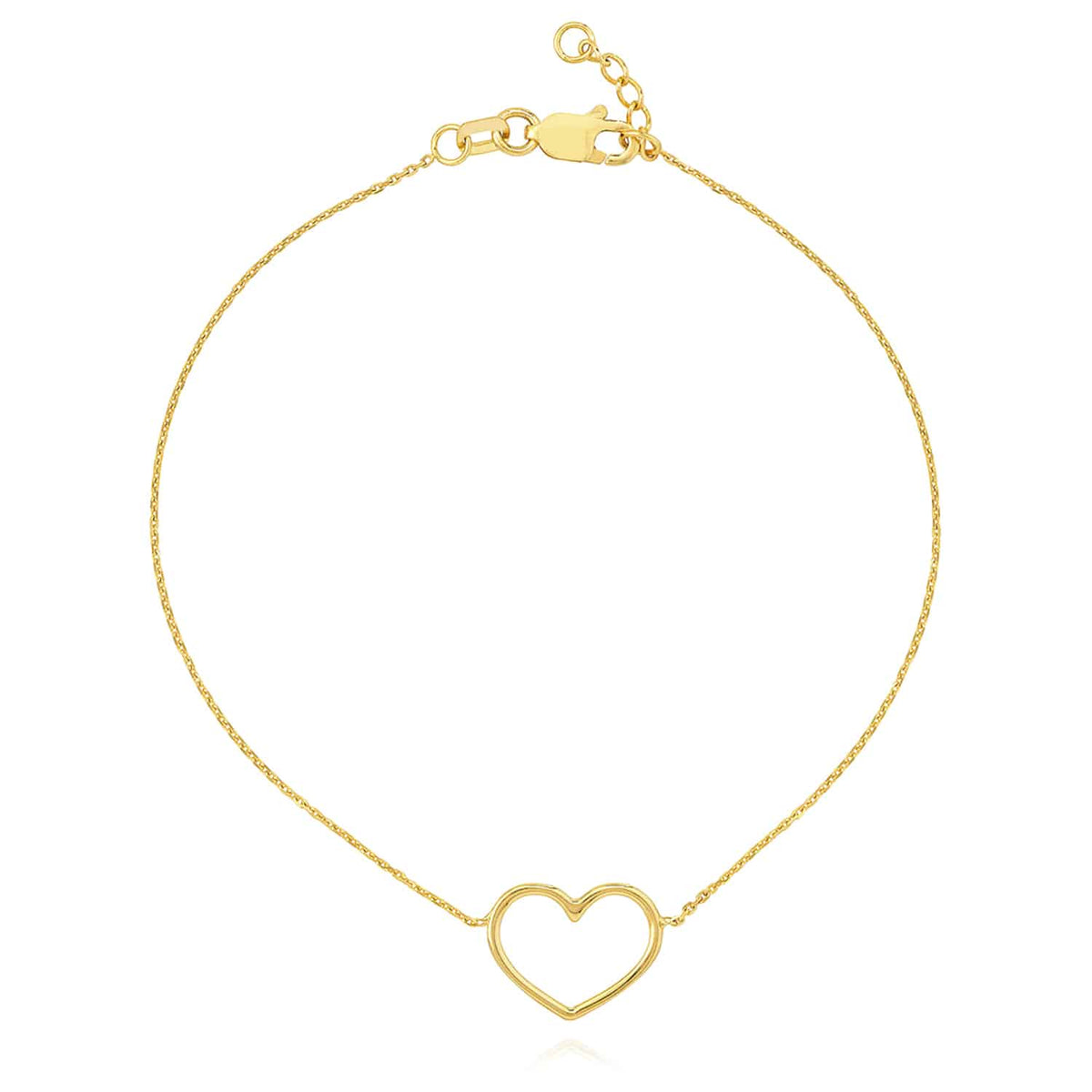 14K Yellow White Rose Gold 0.8mm Cable Open Heart Charm Bracelet (Solid Links) 7.5" - WJD Exclusives