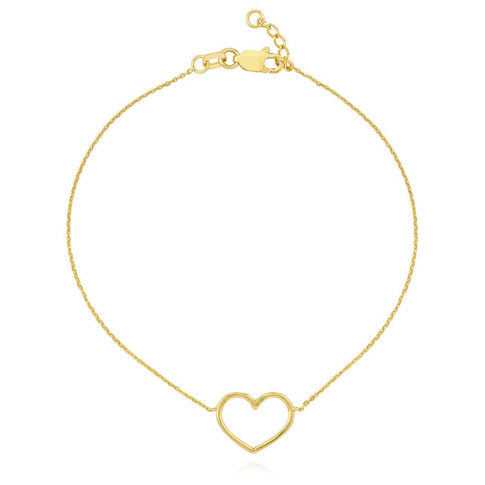 14K Yellow White Rose Gold 0.8mm Cable Open Heart Charm Bracelet (Solid Links) 7.5" - WJD Exclusives