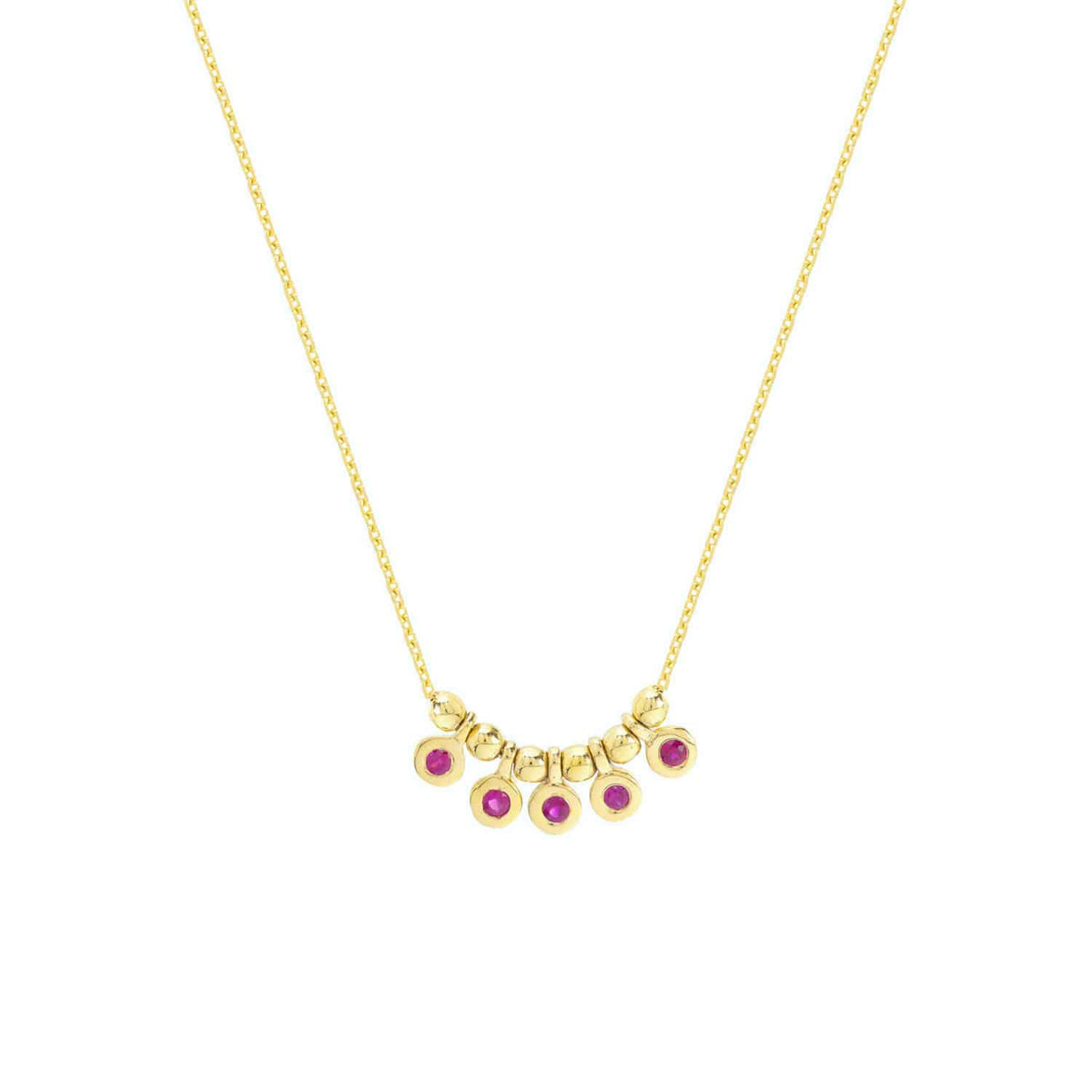 14K Yellow Gold Mini Ruby Emerald Bezel Bead Station Necklace (Solid Links) 16" - 18" Adjustable - WJD Exclusives