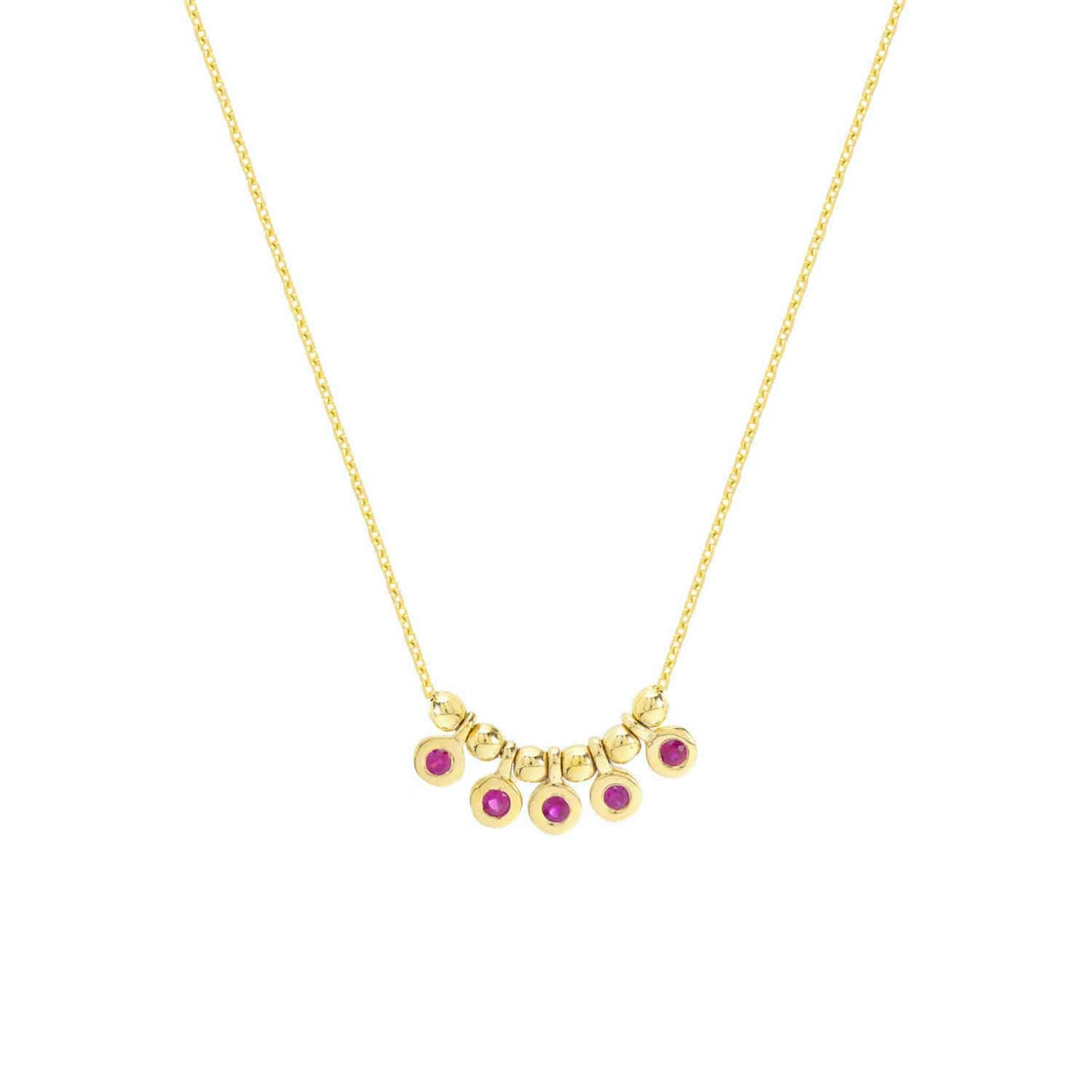14K Real Gold Mini Ruby Emerald Bezel Bead Station Necklace 16"-18" Adjustable