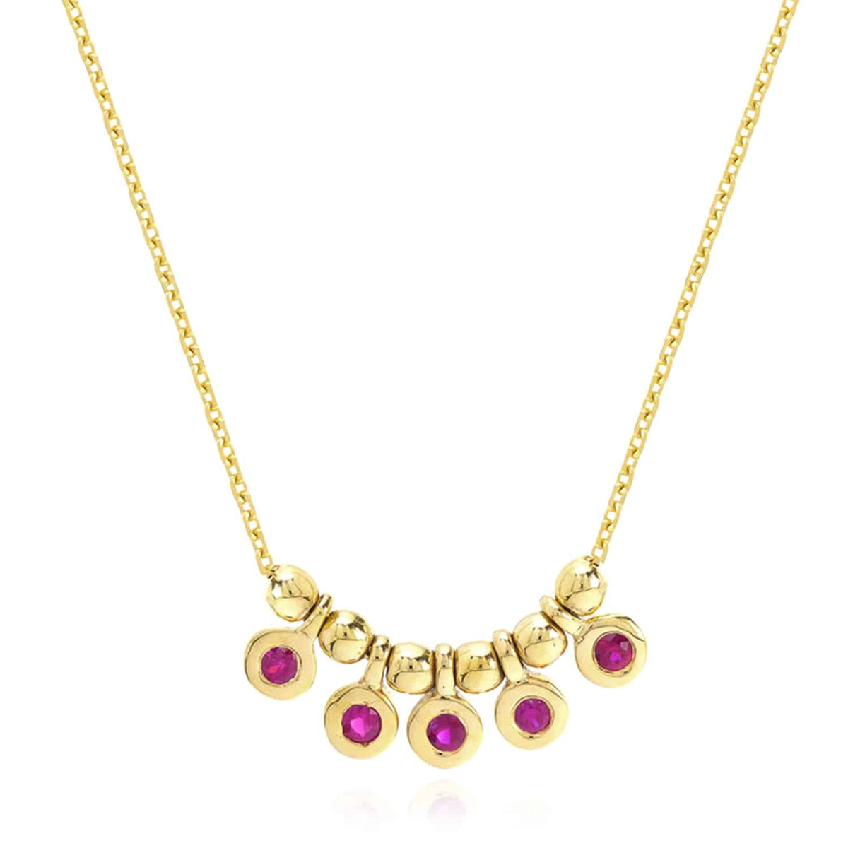 14K Yellow Gold Mini Ruby Emerald Bezel Bead Station Necklace (Solid Links) 16" - 18" Adjustable - WJD Exclusives