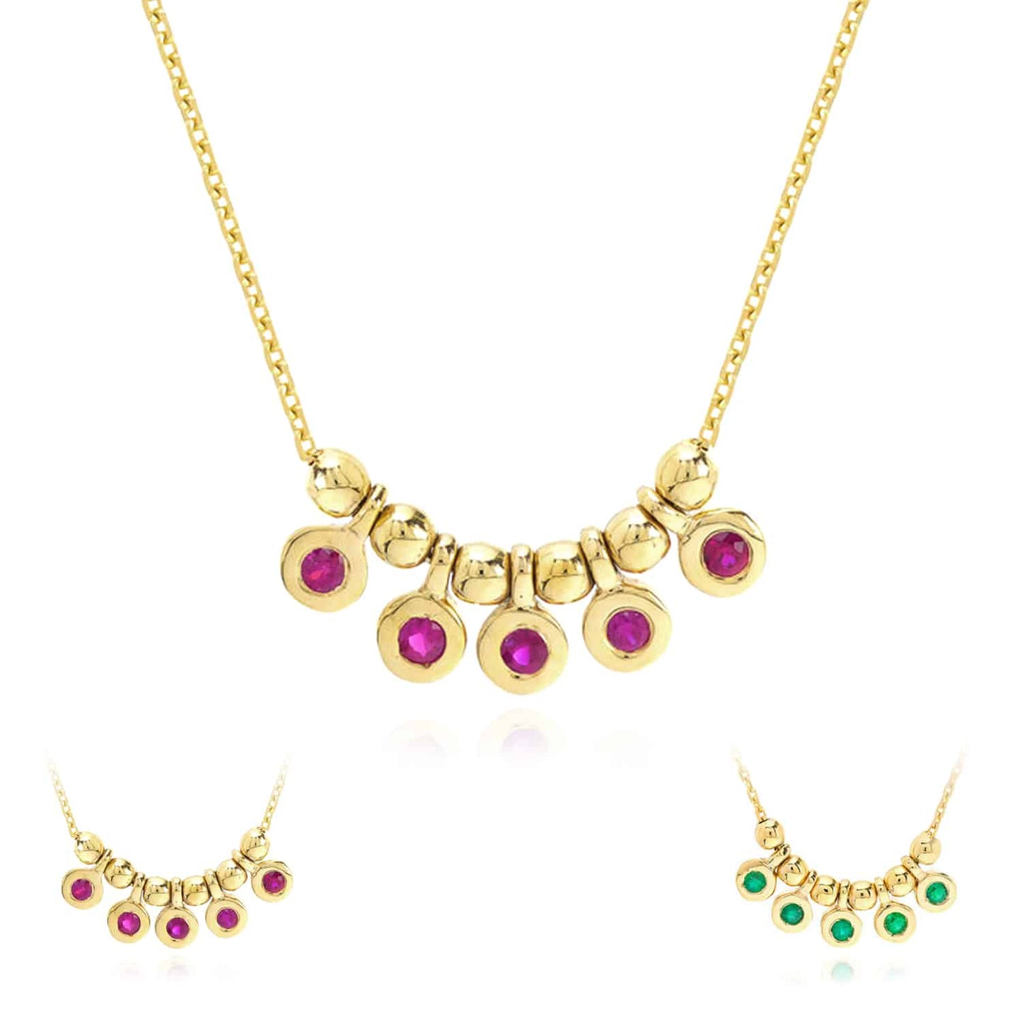 14K Real Gold Mini Ruby Emerald Bezel Bead Station Necklace 16"-18" Adjustable