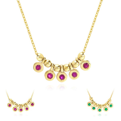 14K Yellow Gold Mini Ruby Emerald Bezel Bead Station Necklace (Solid Links) 16" - 18" Adjustable - WJD Exclusives