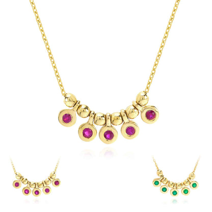 14K Real Gold Mini Ruby Emerald Bezel Bead Station Necklace 16"-18" Adjustable