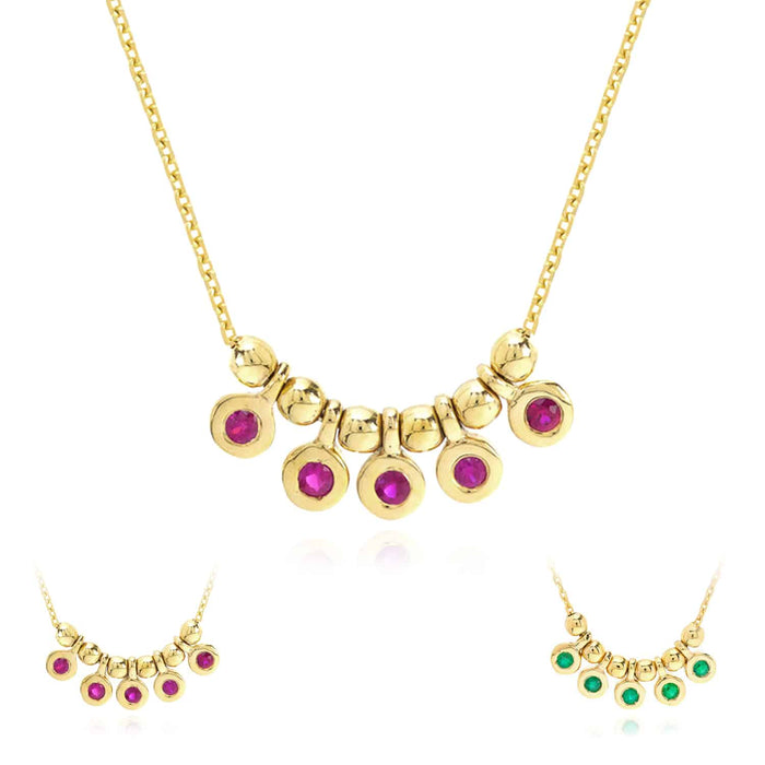 14K Yellow Gold Mini Ruby Emerald Bezel Bead Station Necklace (Solid Links) 16" - 18" Adjustable - WJD Exclusives