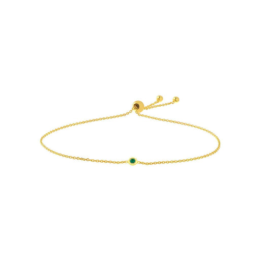 14K Real Gold Yellow Mini Emerald Bezel Bolo Cable Bracelet 5"-9.5" Adjustable