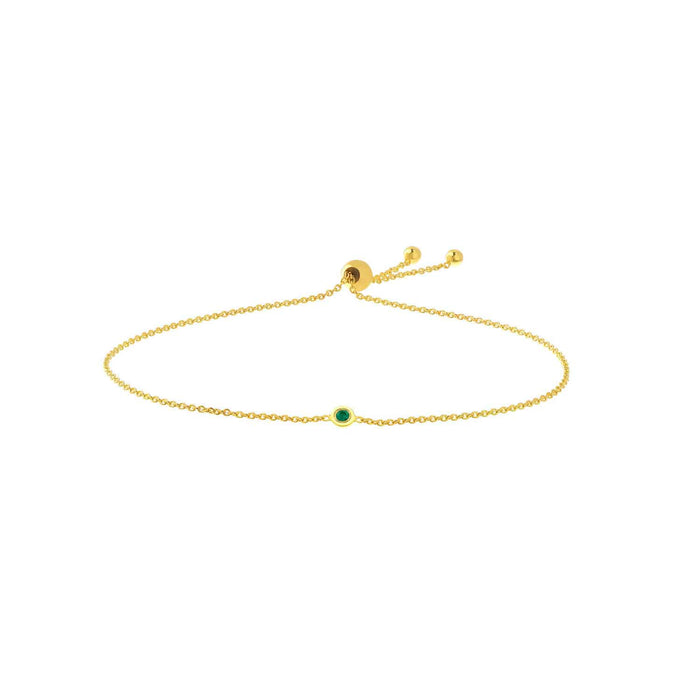 14K Yellow Gold Mini Emerald Bezel Bolo Cable Bracelet (Hollow) 5" - 9.5" Adjustable - WJD Exclusives