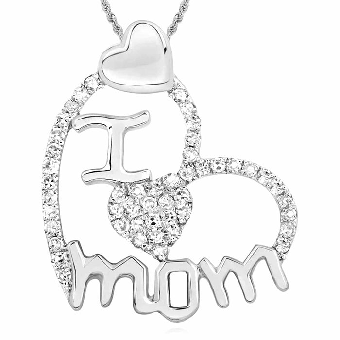 .25CTW Natural Diamond 10K Gold Yellow White Rose I Love Mom Hearts Pendant 0.8" - WJD Exclusives