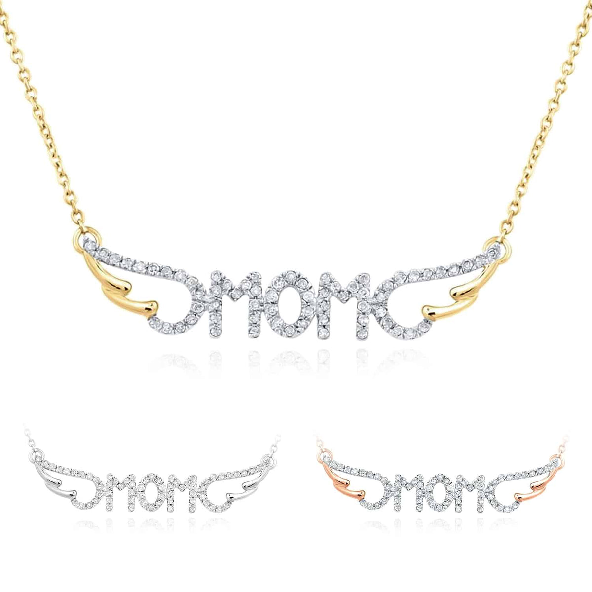 0.16CTW Natural Diamond 10K Yellow White Rose Gold Wings MOM Necklace (Solid Links) 18" - WJD Exclusives