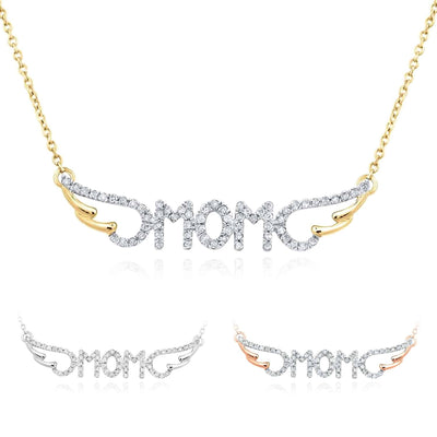 0.16CTW Natural Diamond 10K Yellow White Rose Gold Wings MOM Necklace (Solid Links) 18" - WJD Exclusives