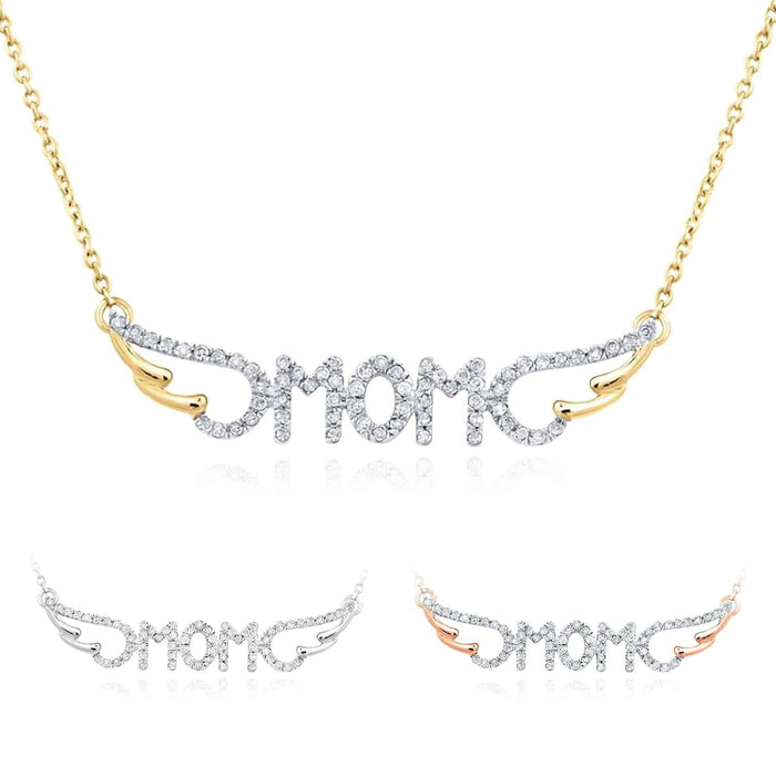 0.16CTW Natural Diamond 10K Yellow White Rose Gold Wings MOM Necklace (Solid Links) 18" - WJD Exclusives