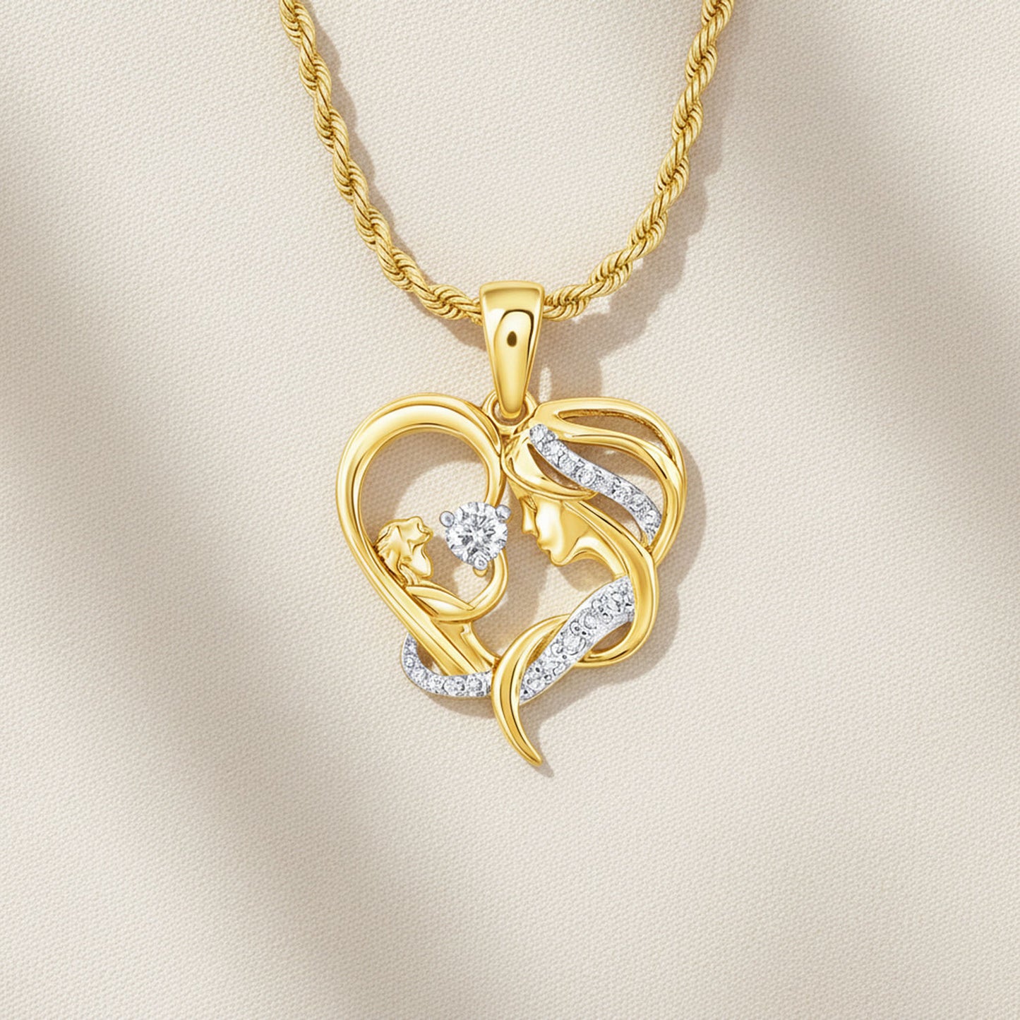 0.15CTW Natural Diamond 10K Gold Yellow Rose Mother Child Pendant 0.86"
