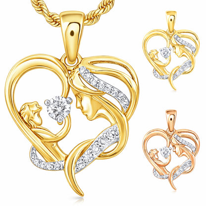 0.15CTW Natural Diamond 10K Gold Yellow Rose Mother Child Pendant 0.86"