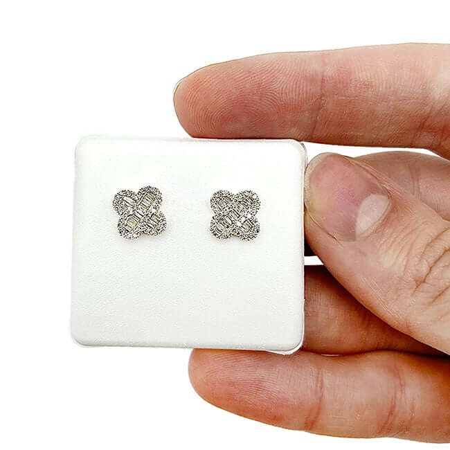 0.4CTW Natural Diamond 10K Gold Baguette Cluster Clover Screw Back Stud Earrings - WJD Exclusives