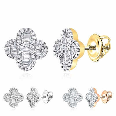 0.4CTW Natural Diamond 10K Gold Baguette Cluster Clover Screw Back Stud Earrings - WJD Exclusives