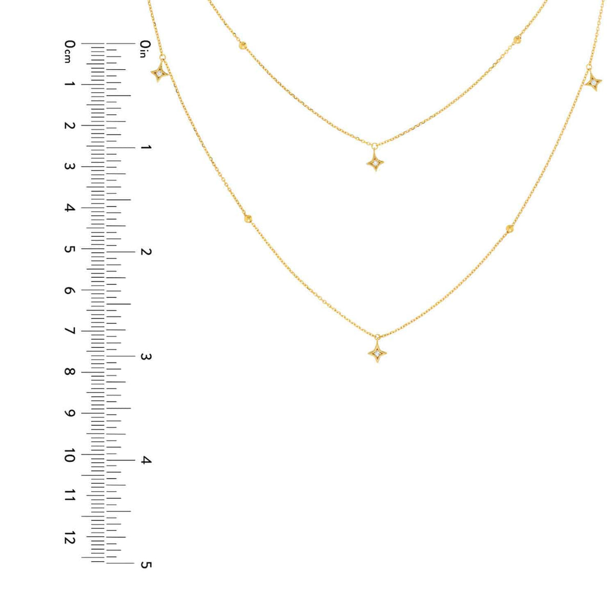 Natural Diamond Dangle 14K Yellow Gold Layered Star Necklace (Hollow) 18" - 22" Adjustable - WJD Exclusives