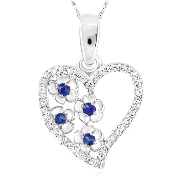 0.15CTW Natural Diamond 10K White Gold Sapphire Flower Heart Pendant 0.7" - WJD Exclusives