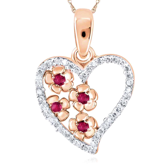 0.11CTW Natural Diamond 10K Rose Gold Ruby Flower Heart Pendant 0.7" - WJD Exclusives