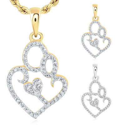 0.15CTW Natural Diamond 10K Gold Yellow White Mother Child Heart Pendant 0.9" - WJD Exclusives