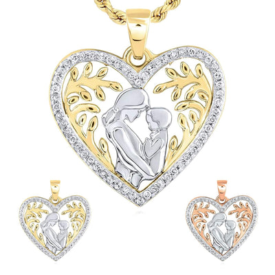 0.11CTW Natural Diamond 10K Gold Yellow Rose Mother Child Heart Pendant 0.75" - WJD Exclusives