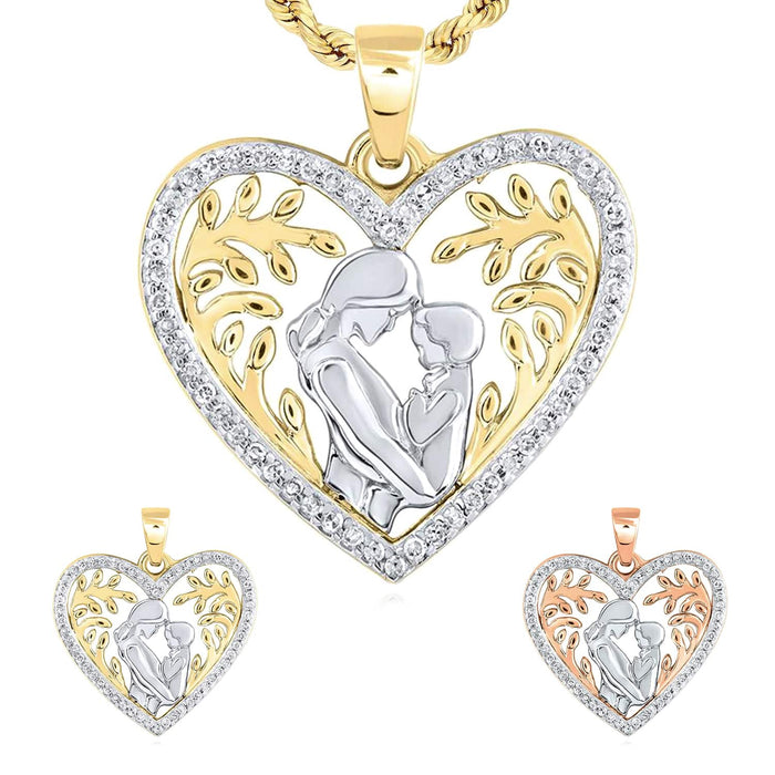 0.11CTW Natural Diamond 10K Gold Yellow Rose Mother Child Heart Pendant 0.75" - WJD Exclusives