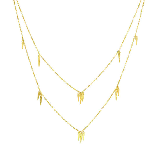14K Real Gold Dangle Icicles Pendant Layered Duet Necklace 18"-22" Adjustable