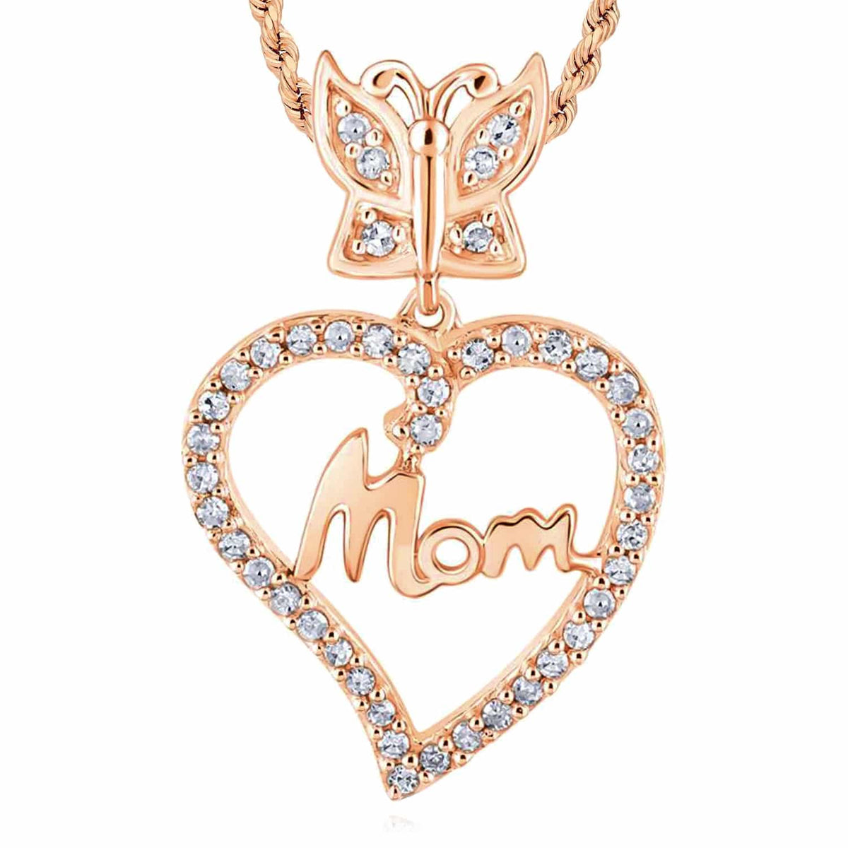 0.13CTW Natural Diamond 10K Gold Yellow Rose White Butterfly Heart Pendant 0.77" - WJD Exclusives