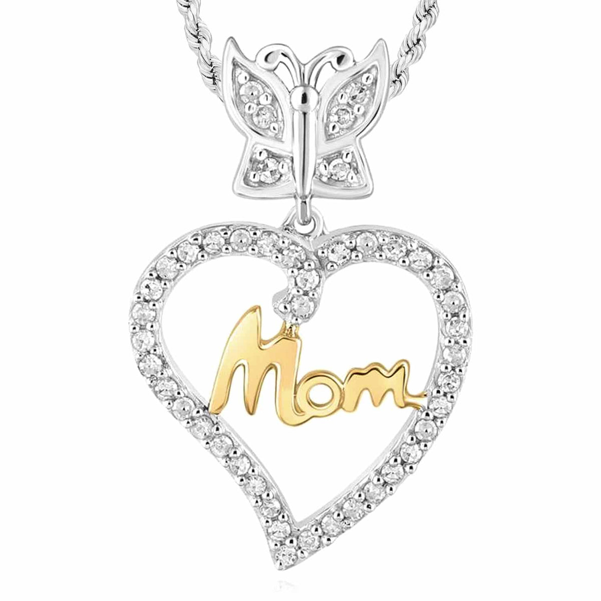 0.13CTW Natural Diamond 10K Gold Yellow Rose White Butterfly Heart Pendant 0.77" - WJD Exclusives