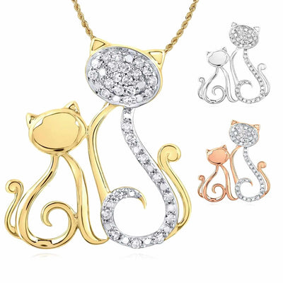 0.12CTW Natural Diamond 10K Gold Yellow White Rose Mother Child Cat Pendant 0.8" - WJD Exclusives