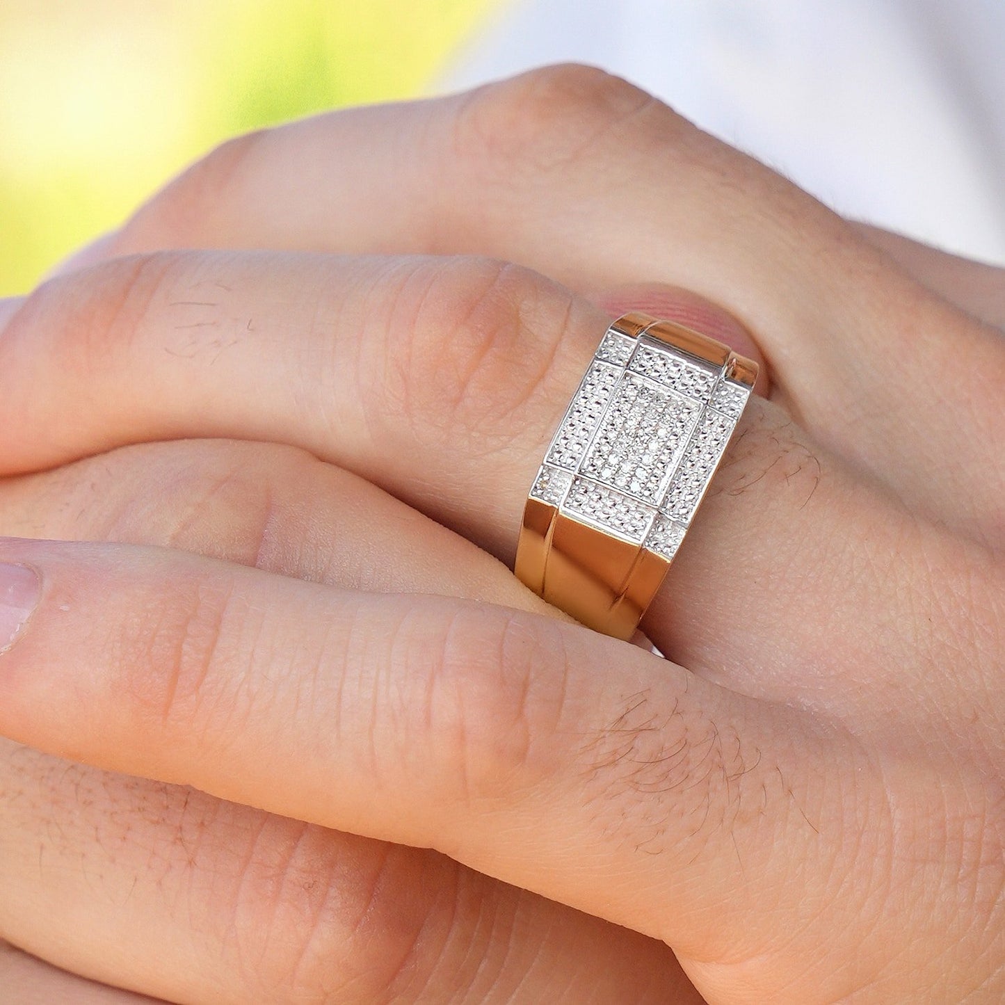 0.21CTW Real Diamond 10K Gold Two-Tone Rectangular Sections Men's Signet Ring