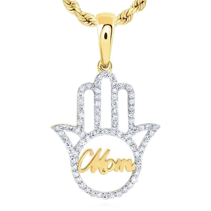 0.32CTW Natural Diamond 10K Gold Yellow White Rose Mom Hamsa Hand Pendant - WJD Exclusives