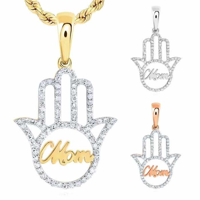 0.32CTW Natural Diamond 10K Gold Yellow White Rose Mom Hamsa Hand Pendant - WJD Exclusives