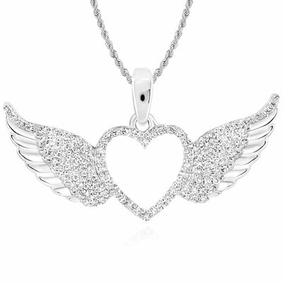 0.27CTW Natural Diamond 10K Gold Yellow White Open Heart Wings Pendant 0.7" - WJD Exclusives