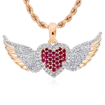 0.41CTW Natural Diamond w/ Ruby 10K Rose Gold Heart Wings Pendant 0.7" - WJD Exclusives