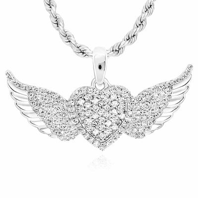 0.41CTW Natural Diamond 10K Gold Yellow White Heart Wings Pendant 0.7" - WJD Exclusives