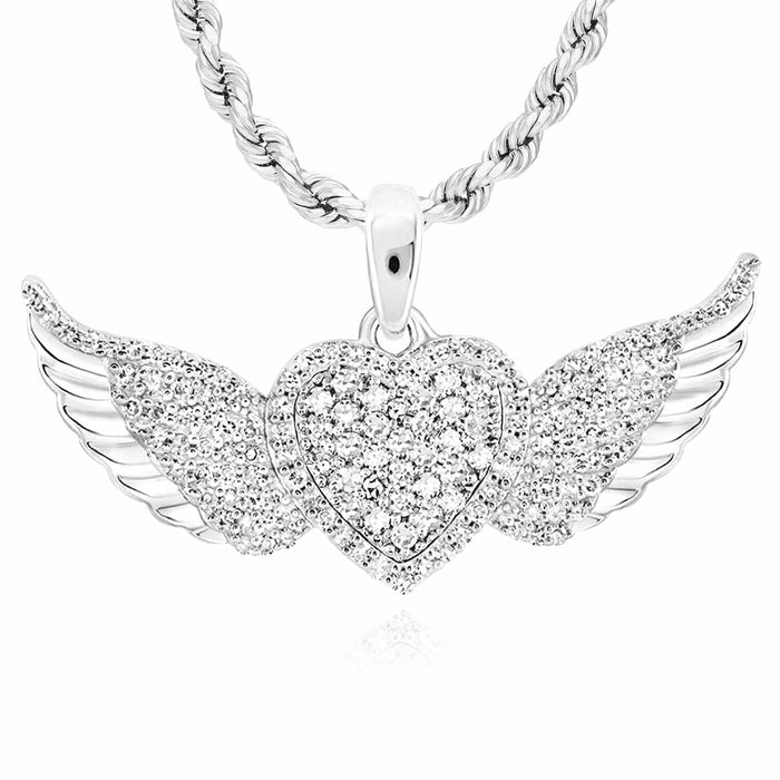 0.41CTW Natural Diamond 10K Gold Yellow White Heart Wings Pendant 0.7" - WJD Exclusives