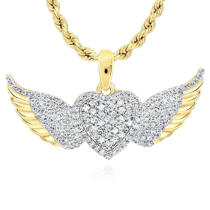 0.41CTW Natural Diamond 10K Gold Yellow White Heart Wings Pendant 0.7" - WJD Exclusives