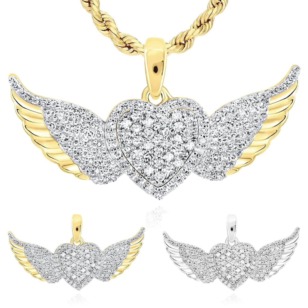 0.41CTW Natural Diamond 10K Gold Yellow White Heart Wings Pendant 0.7" - WJD Exclusives