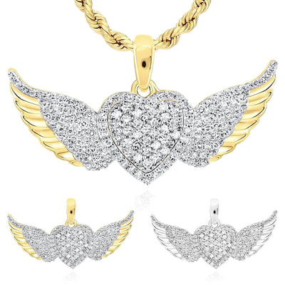 0.41CTW Natural Diamond 10K Gold Yellow White Heart Wings Pendant 0.7" - WJD Exclusives