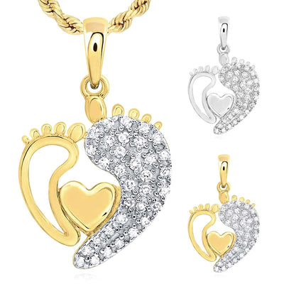 0.13CTW Natural Diamond 10K Gold Mother Child Footprints Heart Pendant 0.7" - WJD Exclusives